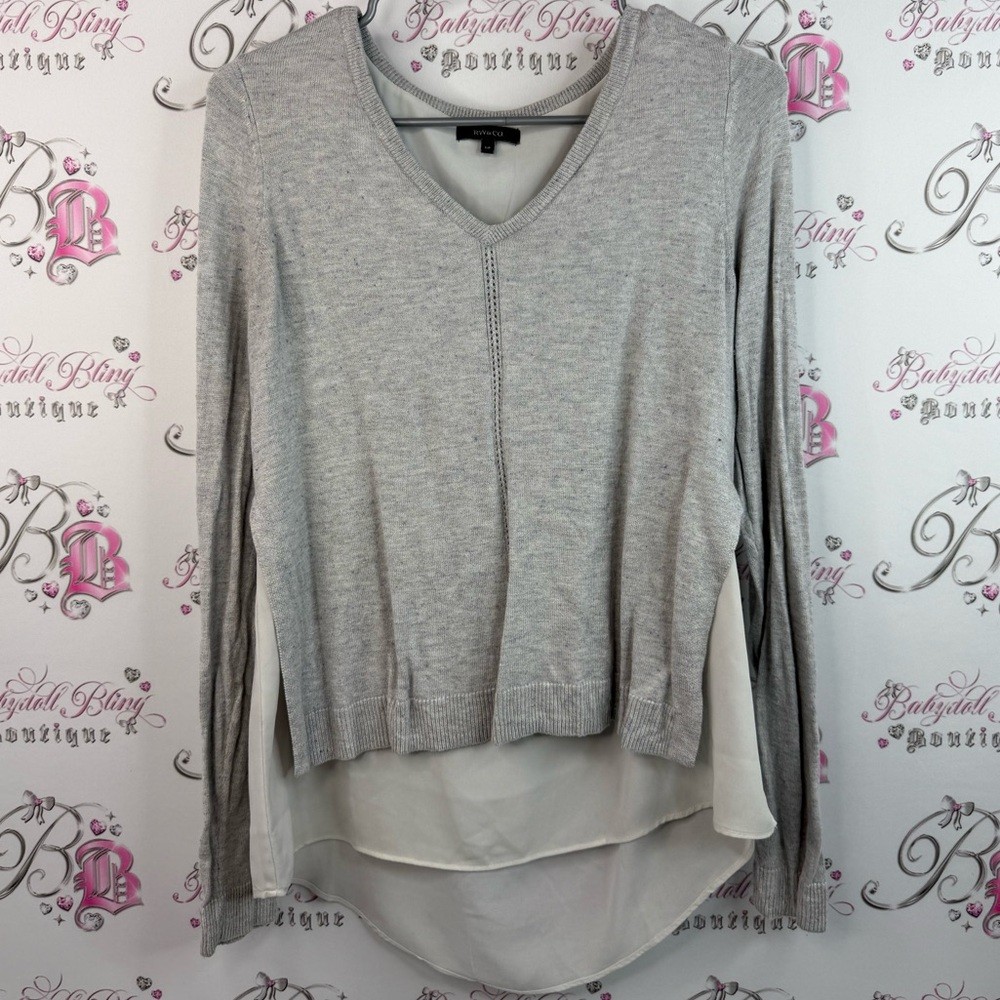 Rw&Co. Long Sleeve Sweater Dual Tone Shirt Light Gray Layered V-Neck Blouse